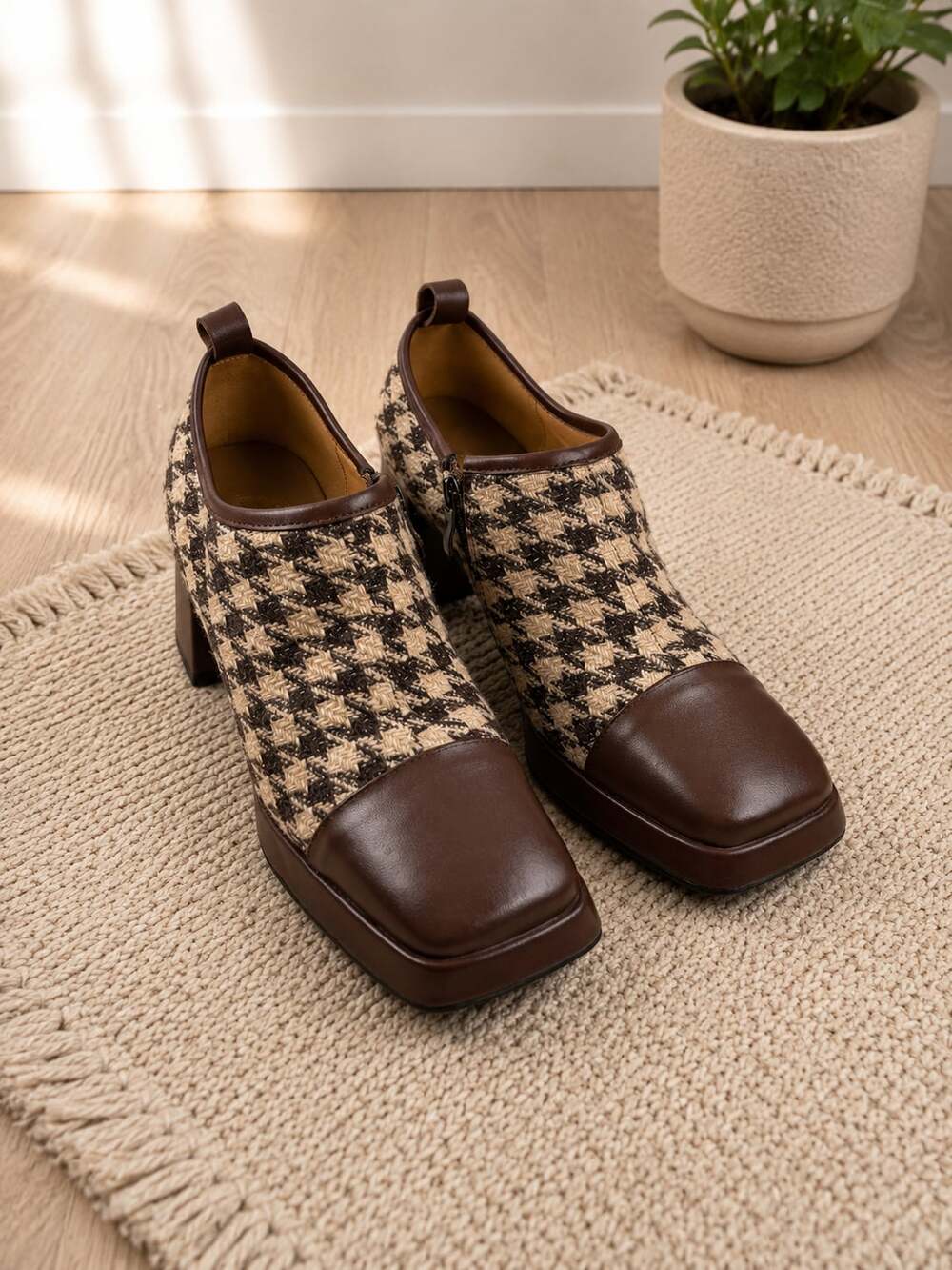 Karlao Houndstooth Platform Ankle Boots Brown Square Toe Block Heel 41